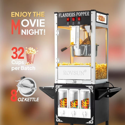 Commercial and Home Theater Popcorn Machine with Cart Wheels and 8 Oz Kettle Produces Up to 32 Cups ETL Certified Popcorn Maker