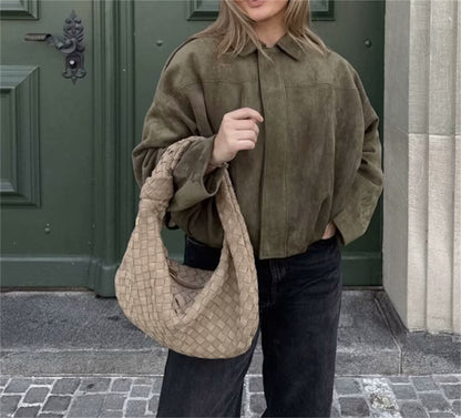 Women Lapel Zipper Solid Jacket Long Sleeve Autumn Winter Fashion Bomber Coat 2025 New In Retro Street Coats Lady Casual Jackets