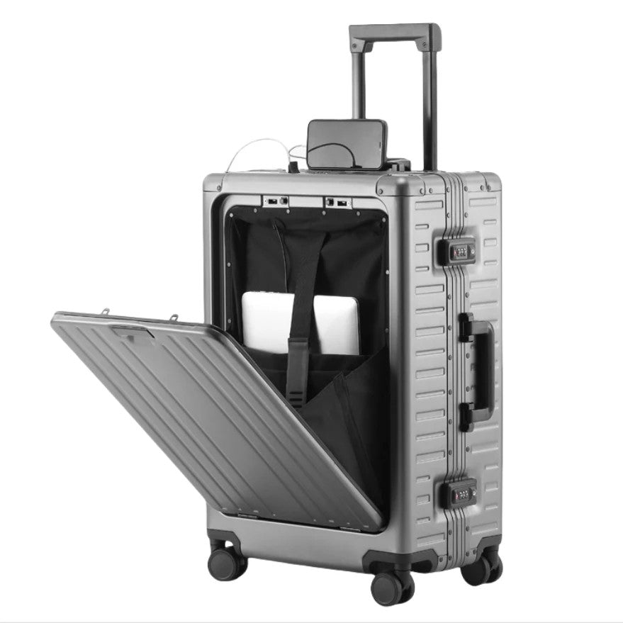 All Aluminum-magnesium Suitcase Front Opening Rolling Luggage with USB Charging Plug TSA Lock Trolley Case 20" Boarding Travel