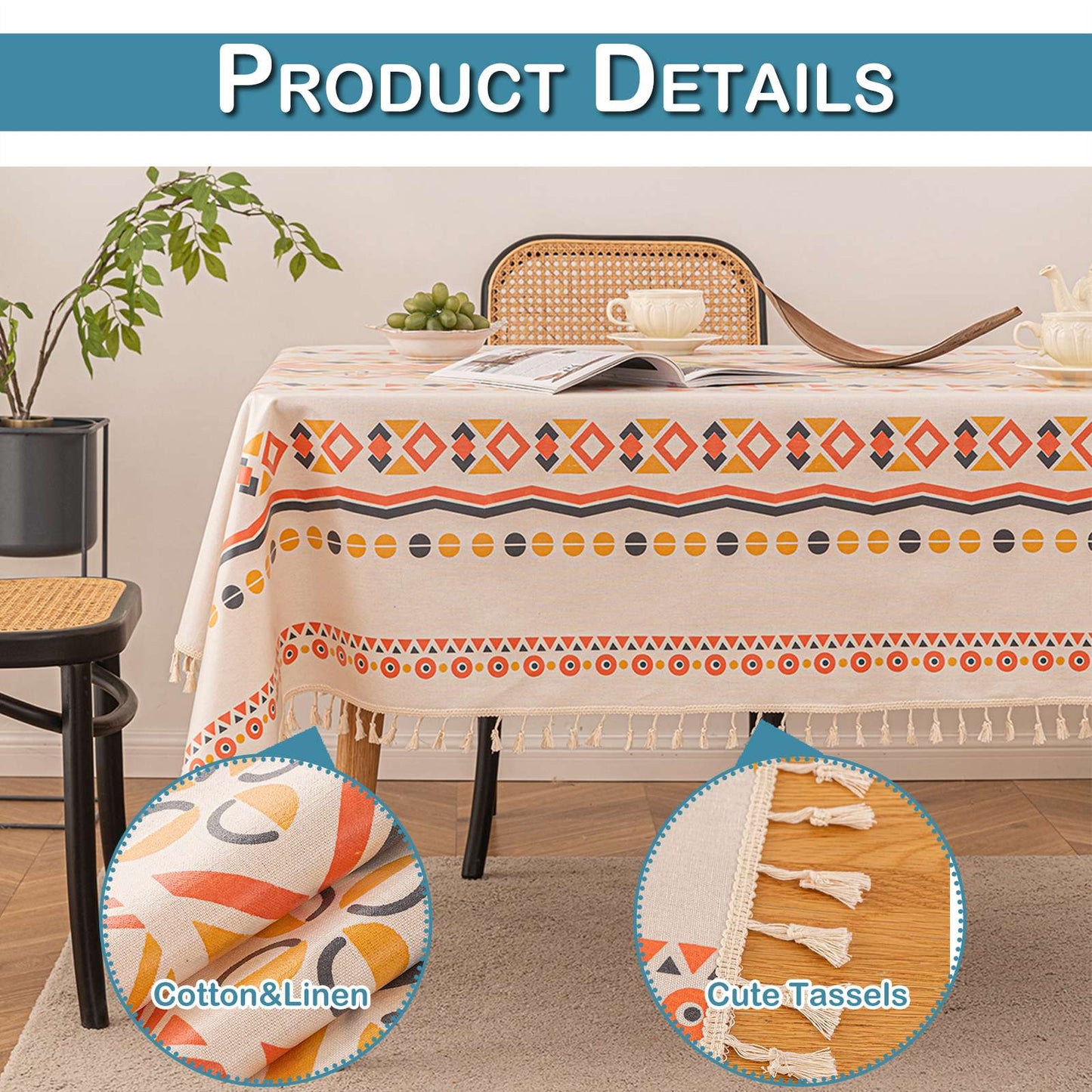 Vintage Boho Tassel Table Cloth Waterproof Cotton Linen Bohemian Tablecloth Patio Outdoor Wrinkle Free Table Protector Covers