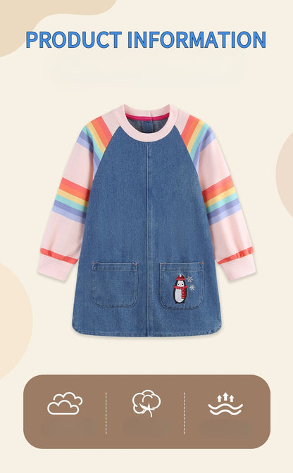 New Girls' Dress  Round Neck Children's Princess Dress Denim Fabric Toddler Kids Clothing 4-8Y