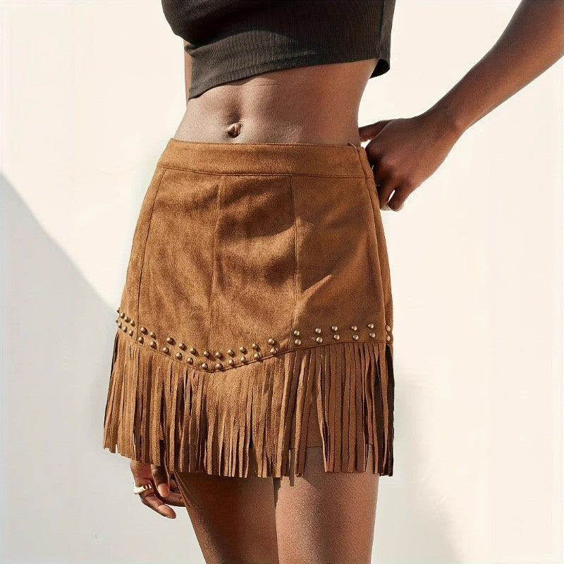 2025 European and American Style Elegant Vacation Style Women's Clothing Suede Fringed Rivet Design Short Skirt Suede