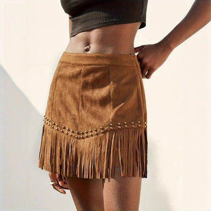 2025 European and American Style Elegant Vacation Style Women's Clothing Suede Fringed Rivet Design Short Skirt Suede
