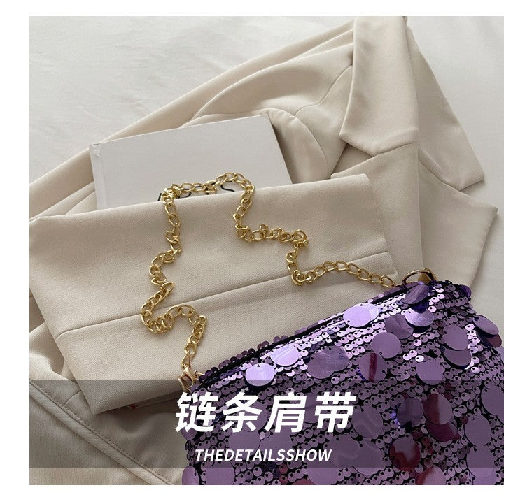Sequin Evening Party Shoulder Bags for Women Lightweight Portable Ladies Chain Crossbody Bag Solid Color Casual Female Handbag