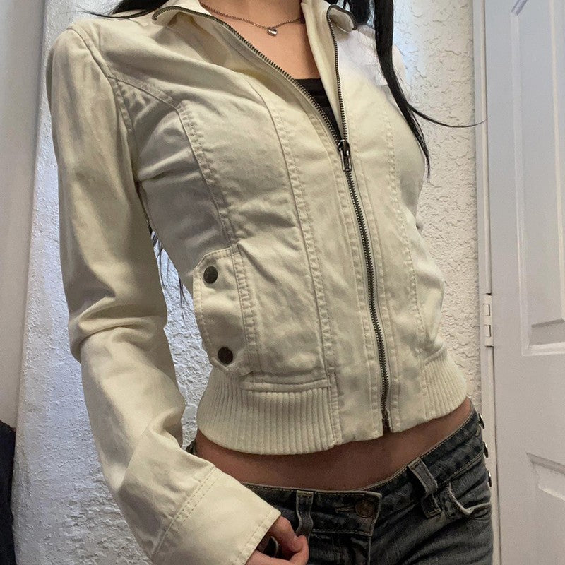 Vintage Cropped Jackets for Women Harajuku Casual Slim Fit Zipper Coat Y2K Streetwear Long Sleeve Outerwear Autumn