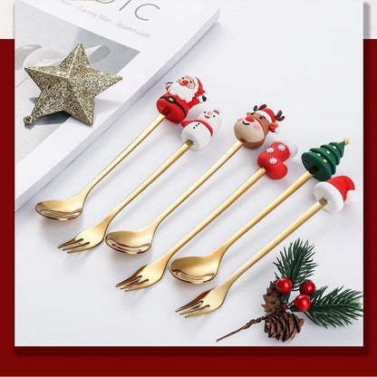 Conjunto 6 Peças de Garfos e Colheres Papai Noel Árvore de Natal Aço Inoxidável Colher de Café Sobremesa Utensílios de Mesa para Festa de Natal Presente Requintado