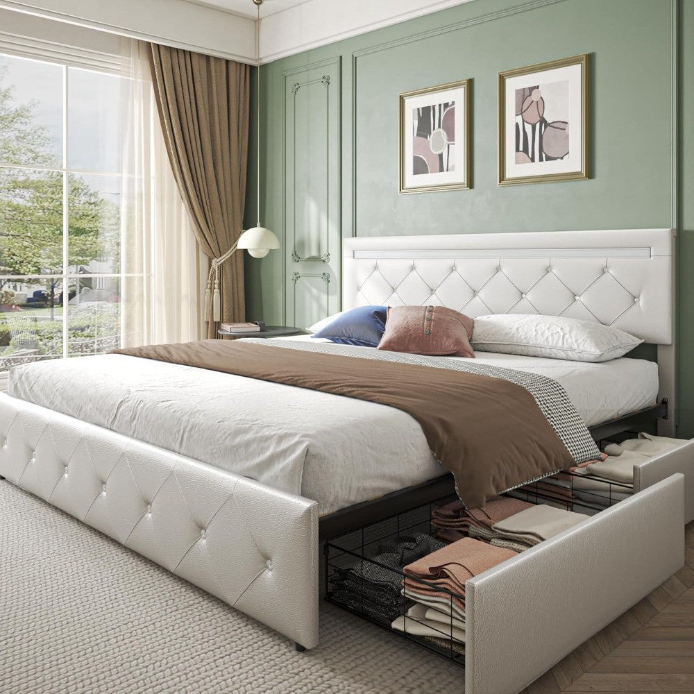 Bed Frame Full Size with LED Light and Storage Drawers, Adjustable Headboard with PU Leather Upholstered, 2 Sockets and 2 USB