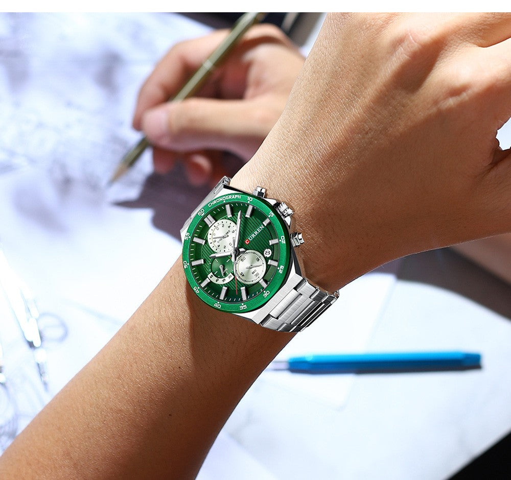 CURREN Classic 43mm Men's Watch Chronogrph Quartz Wristwatch with Stainless Steel Band Luminous Hands Auto Date