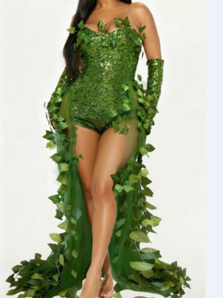 Sexy Halloween Costume Dress Adult Leaf Sequin Dance Dress Mini Skirt V-Neck Sleeveless Polyester Fiber Empire Waistline