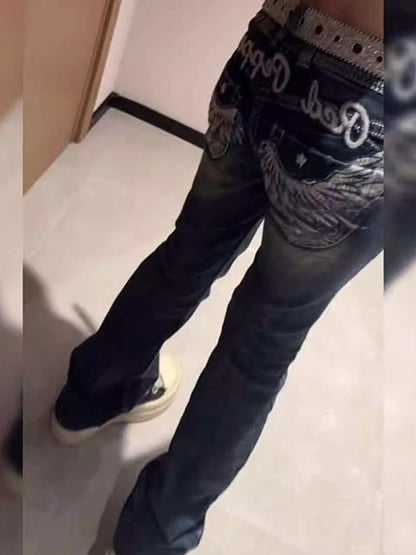 Autumn Y2K Fashion Retro Punk Low Waist Casual Embroidery Diamond Jeans Women Blue Wings Pattern Embroidered Leg Slim Pants 2025