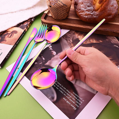 Conjunto de Talheres de Aço Inoxidável 16 Peças Rainbow para Jantar Faca Garfo de Bolo Colher Conjunto de Talheres de Mesa de Cozinha