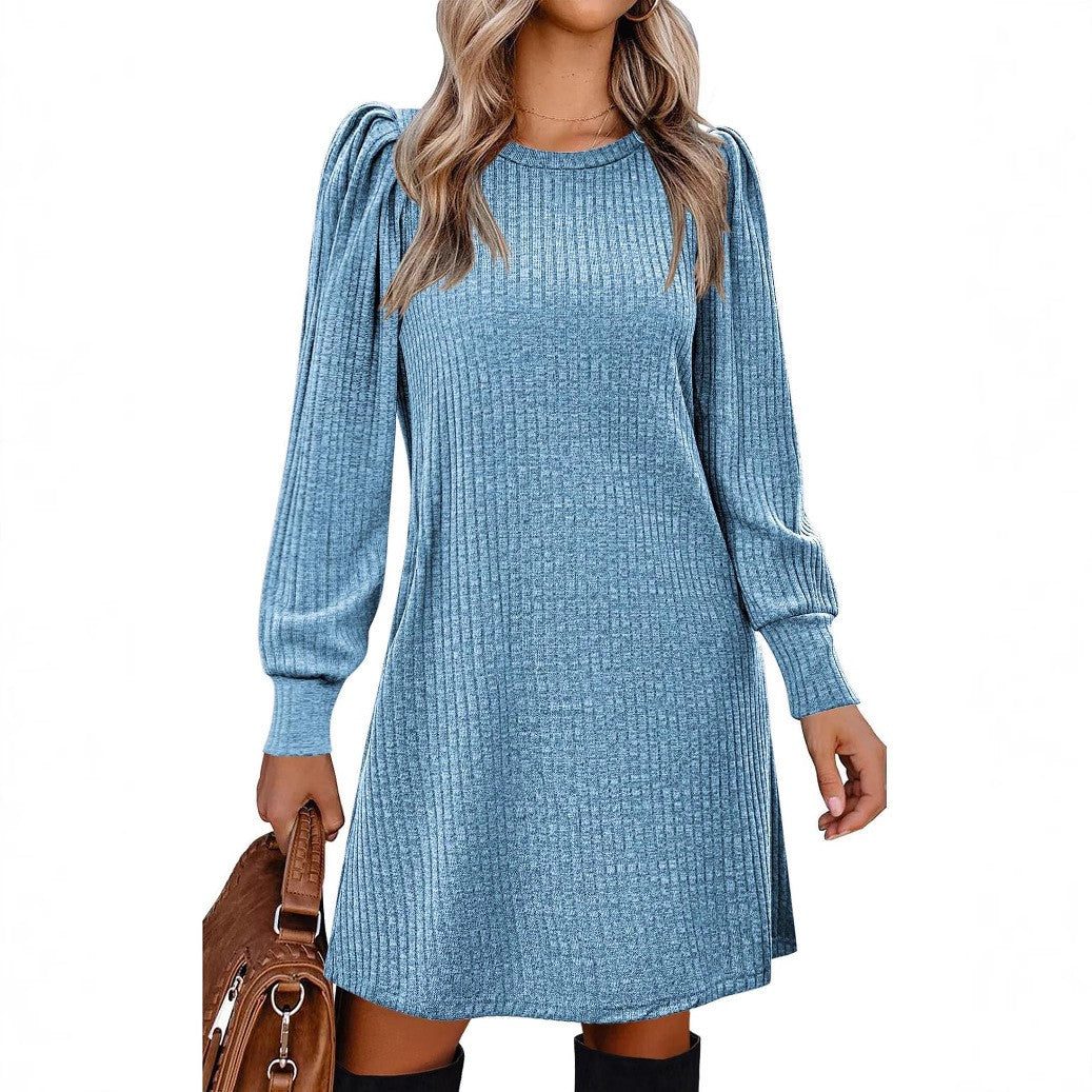 Y2K autumn and winter women's crew neck solid color sweater bubble sleeve fashion commuter dress comfortable casual loose dress