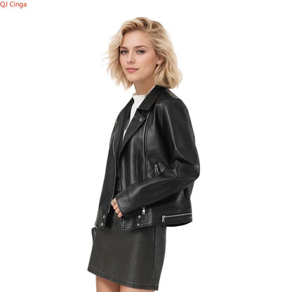 New Fall Women's Black Long-Sleeve Leather Jacket, Short-Length Collared PU Coat, Stylish Slim-Fit Biker Top.
