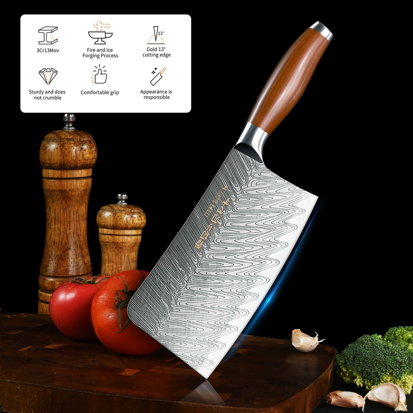 Conjunto de 3 Facas Profissionais de Cozinha Japonesa - Faca do Chef, Faca Multiuso, Cutelo de Carne, Faca para Desossar, Padrão de Aço Damasco