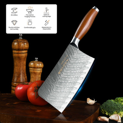 Conjunto de 3 Facas Profissionais de Cozinha Japonesa - Faca do Chef, Faca Multiuso, Cutelo de Carne, Faca para Desossar, Padrão de Aço Damasco
