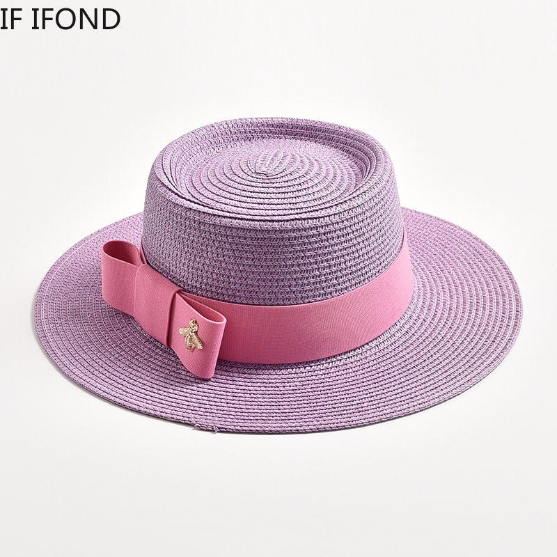 Novos Chapéus de Palha Primavera Verão Femininos de Superfície Ondulada, Topo Reto, Laço, Boné de Vestido, Chapéu de Sol para Viagem e Praia, Gorra
