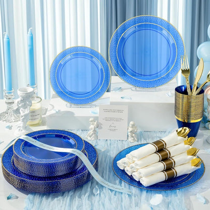 350 peças de pratos de plástico azul transparente para 50 convidados Conjunto de utensílios de mesa descartáveis para festas e formaturas Inclui 100 pratos de plástico 5