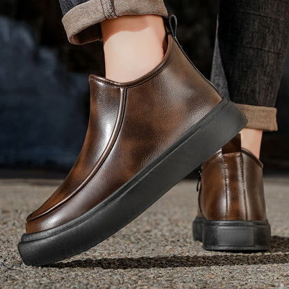 2025 Autumn New Leather Short Boots, Mid-calf Zipper Casual Outdoor Shoes, Anti-slip and Wear-resistant Men's Work Boots