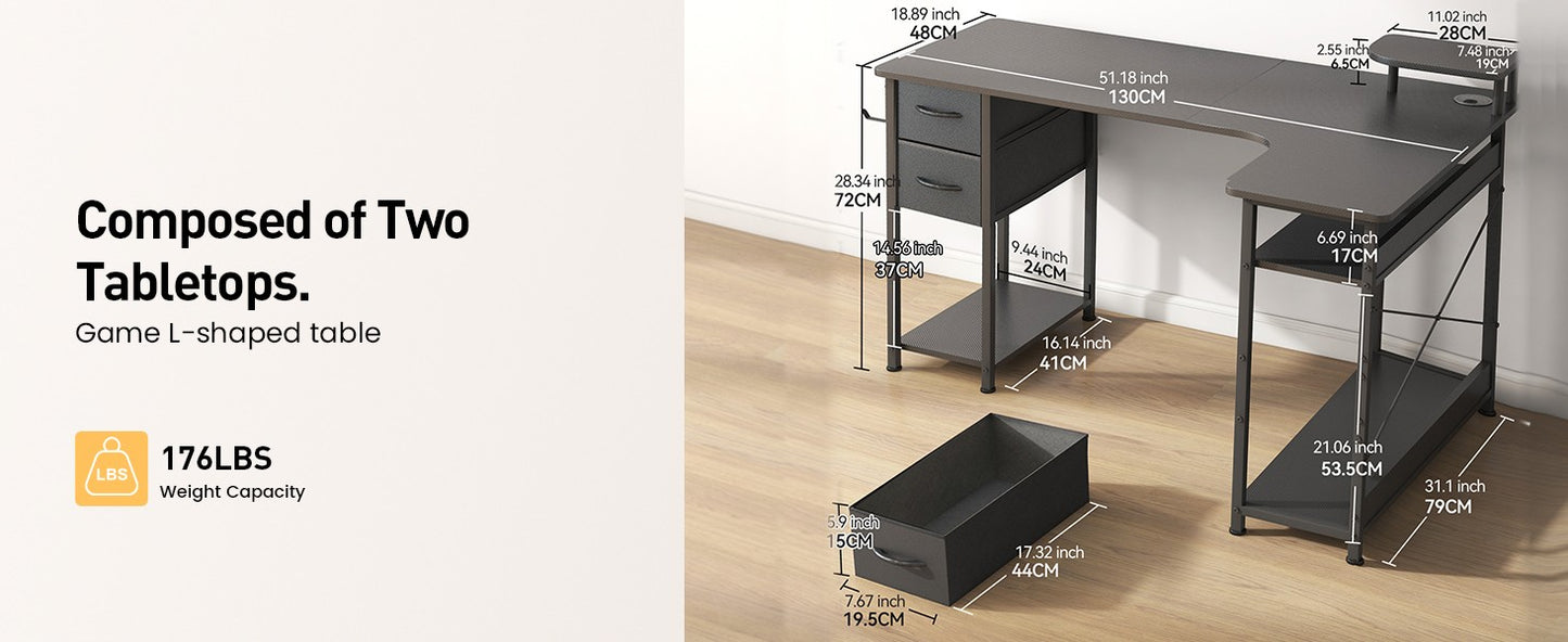 Mesa Gamer em L com Gavetas, Mesa de Computador em Fibra de Carbono com Suporte para Monitor, Mesa Gamer para Escritório Doméstico