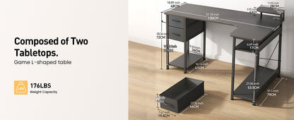 Mesa Gamer em L com Gavetas, Mesa de Computador em Fibra de Carbono com Suporte para Monitor, Mesa Gamer para Escritório Doméstico