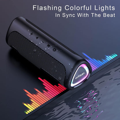 Caixa de Som Bluetooth Ortizan M7, Caixa de Som Portátil com 24W de Som Estéreo Potente, Luzes RGB, Entrada AUX, TF, Bluetooth 5.3, À Prova D'água IPX7