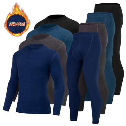 2-piece Autumn/Winter Men's Classic Fashion Basic Warm Underwear Set Loose Large Half High Collar Top T-shirt Elastic Waist Pant