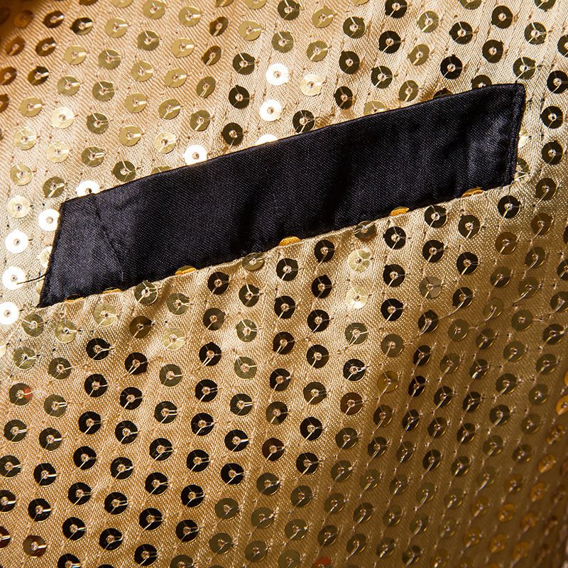 Gold Men's V-Neck Long Sleeve Tuxedo, TV Performance Magic Long Jacket Shiny Sequin Decoration Red Blue Black Blazer S-XXL