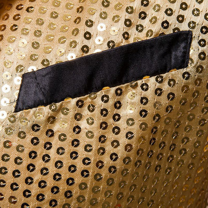 Gold Men's V-Neck Long Sleeve Tuxedo, TV Performance Magic Long Jacket Shiny Sequin Decoration Red Blue Black Blazer S-XXL