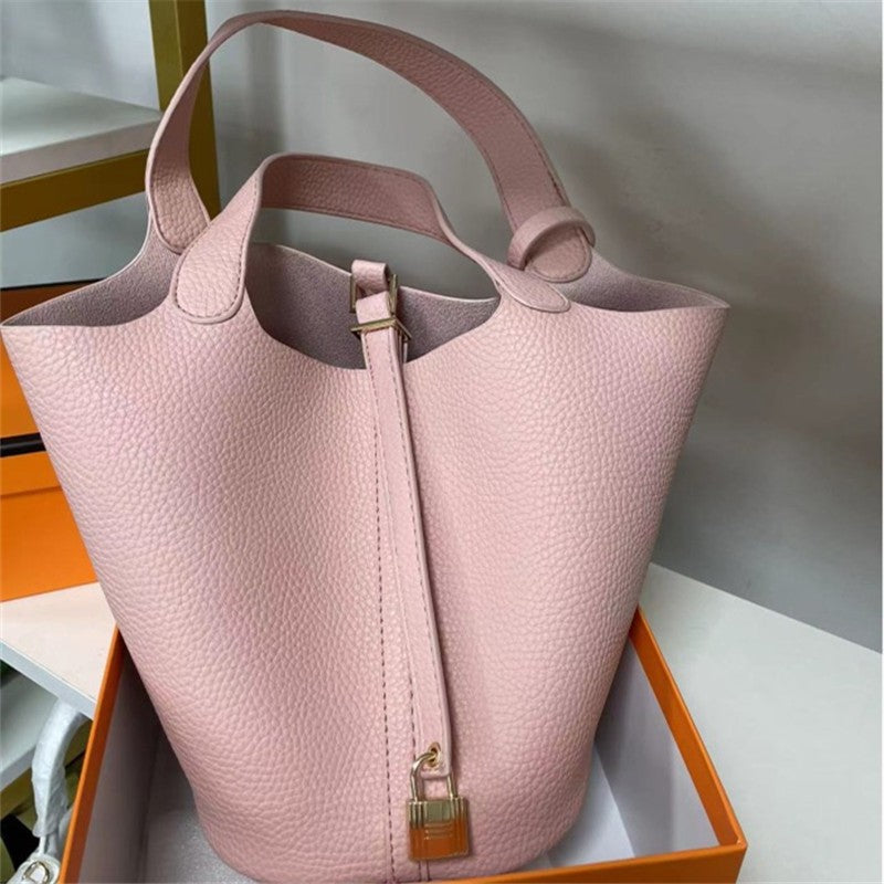 Stylish Handbag, Unique Bucket Classic Shopping Tote Bag, Soft PU Litchi Pattern Basket Women Bag with Lock Small Horse Scarves