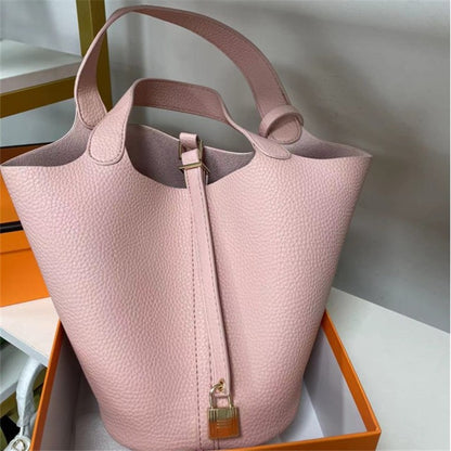 Stylish Handbag, Unique Bucket Classic Shopping Tote Bag, Soft PU Litchi Pattern Basket Women Bag with Lock Small Horse Scarves