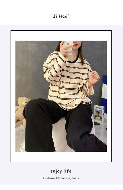 Women's Fall Pajamas with Chest Pads Striped Long Sleeve Plus Size O-Neck Simple Casual Fashion Korean School Pajamas Homewear