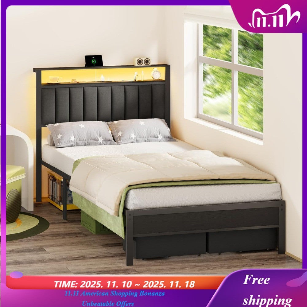 Bed Frame Charging Station and LED Lights,Grey Upholstered Headboard with Shelves,Metal Platform Bed with 2 Under-Bed Storage