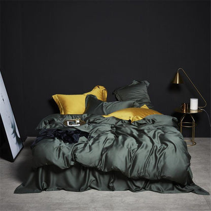 Liv-Esthete Conjunto de Cama Verde Escuro 100% Seda Saudável Pura Seda Luxo Queen King Capa de Edredom Lençol de Elástico Fronha Conjunto de Roupa de Cama