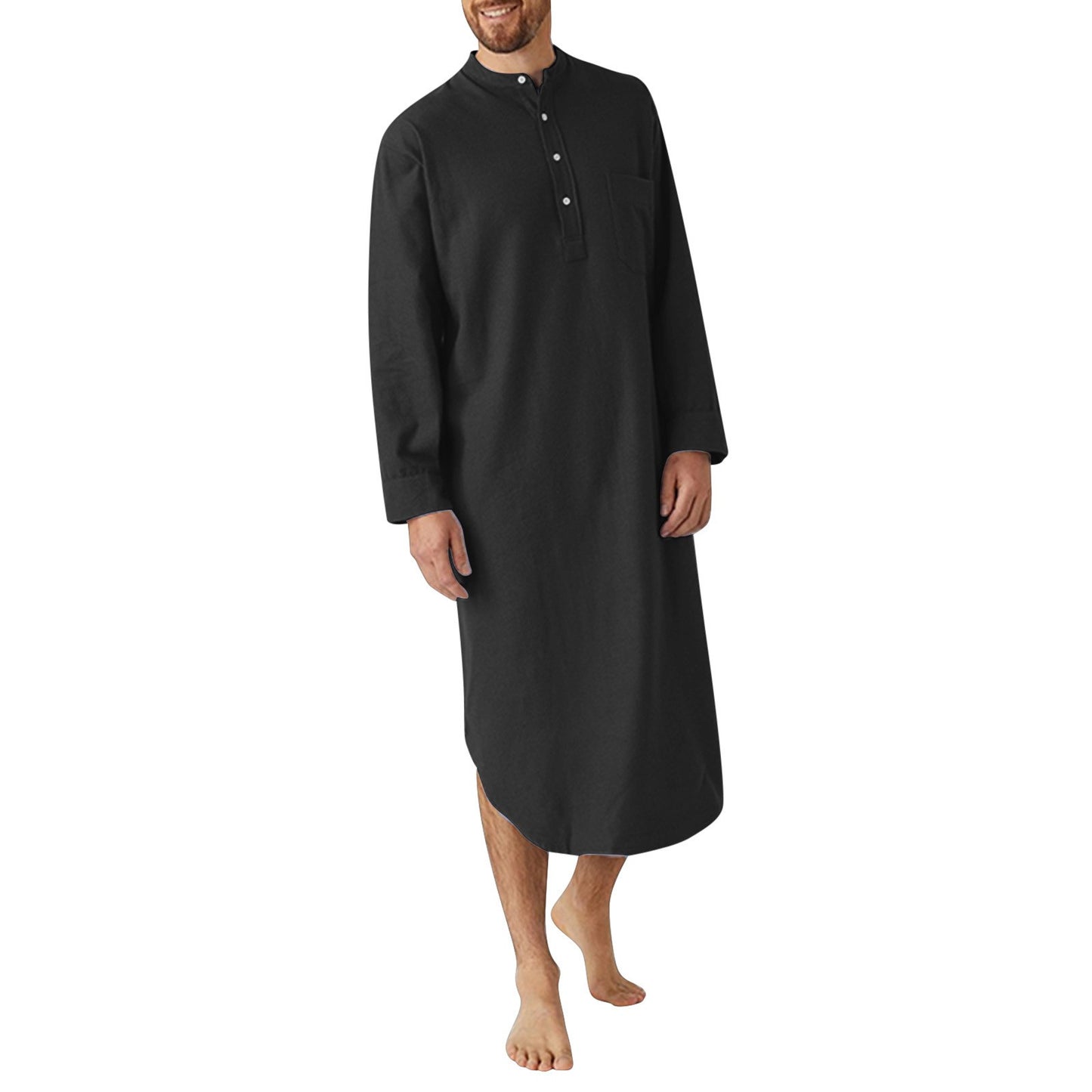 Men's Cotton Button-down Sleep Robe Solid Color Stand Neck Long Sleeve Nightgown Fashion Comfortable Home Wear Loose Bathrobe