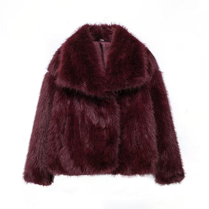 HH 2025 Vintage Women Cropped Faux Fur Jacket Long Sleeve Turn-Down Collar Female Plush Wool Coats Chic Lady Fur Outerwear