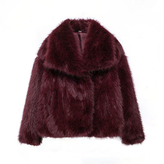 HH 2025 Vintage Women Cropped Faux Fur Jacket Long Sleeve Turn-Down Collar Female Plush Wool Coats Chic Lady Fur Outerwear