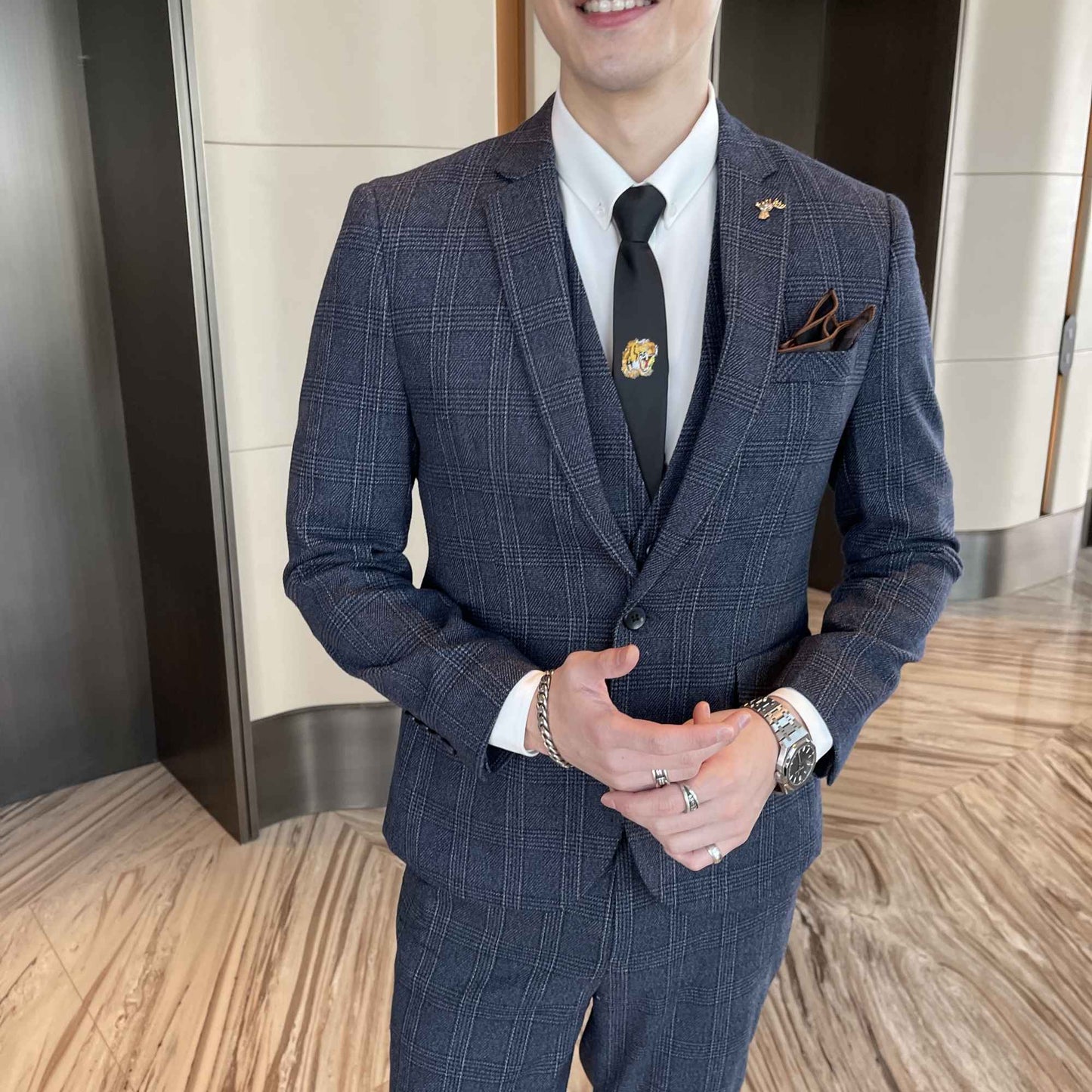 British Korean Style High Quality Modified Plaid Three-Piece Suit for Men - Stylish Business Casual Suit Vest And Trousers Set