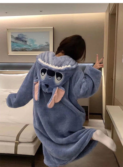 Disney Stitch Winter Pajamas Cartoon Autumn And Winter Cute Coral Thickened Velvet Long Home Clothes Pajamas Girls Home Clothes