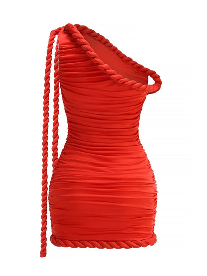 New Sexy One Shoulder Patchwork Twist Knot Draped Mini Dress Women Diagonal Collar Ruched Bodycon Dresses Evening Party Cocktail