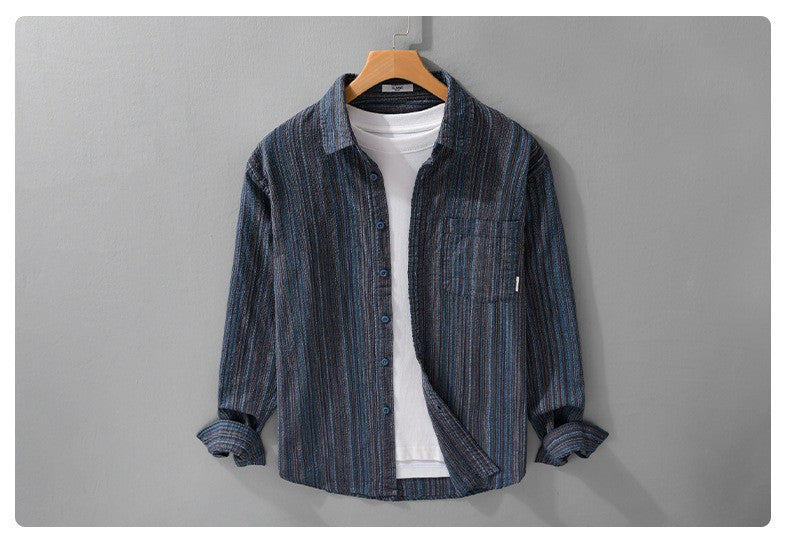 6158 Spring Fashion Japan Style Vintage Stripe Simple Cargo Shirt for Men Good Quality Cotton Long Sleeve Slim Fit Casual Blouse