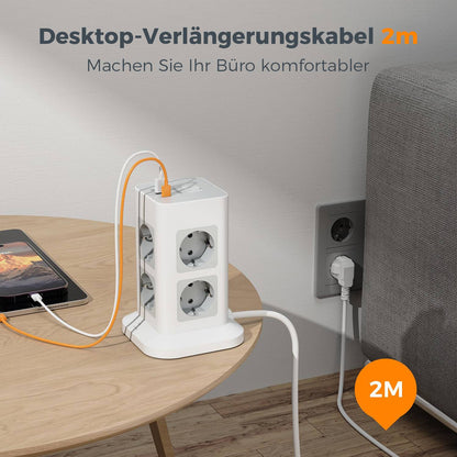 TESSAN Tower Power Strip Multi Outlets with USB A +1 Type C 2M Extension Cable EU Plug Vertical Electric Socket Surge Protection