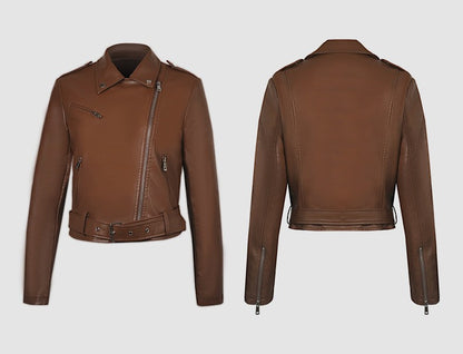 Women's Bright Red Long-sleeve PU Jacket, Lapel Collar Black Short Faux Leather Coat, Available in Dark Brown or Beige.