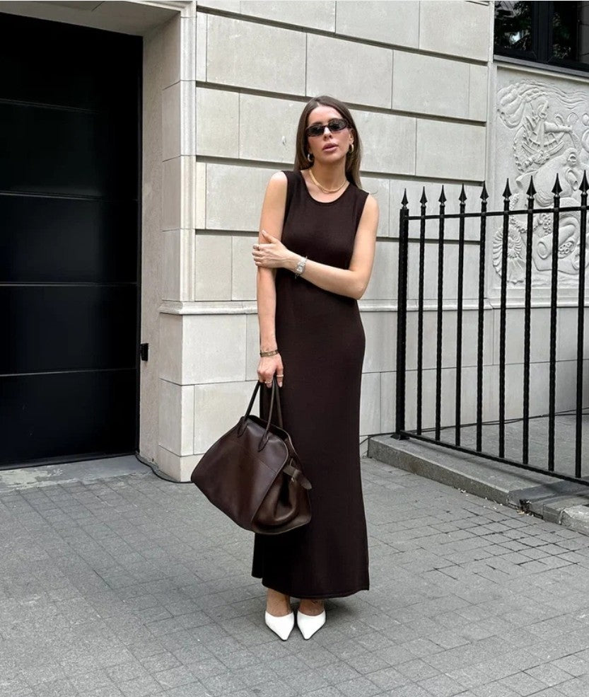 Noodle Women's Summer Knitted Dress Sleeveless Soild Long Elegant Brown Dress  O