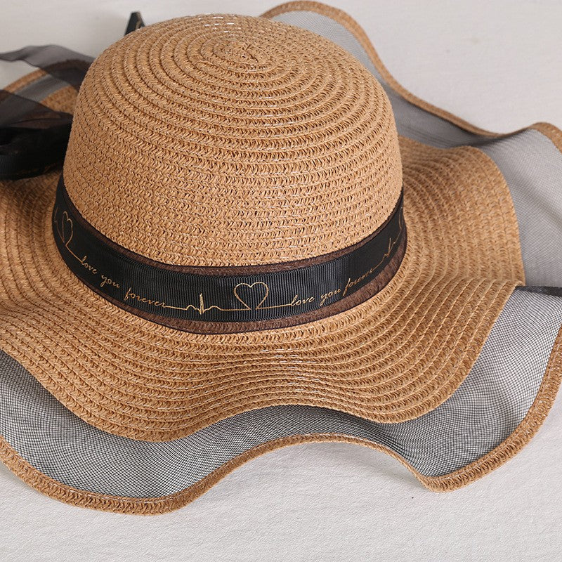 Chapéu de sol feminino dobrável de aba larga com laço, chapéu de palha elegante para proteção solar, moda praia 2021 gorras