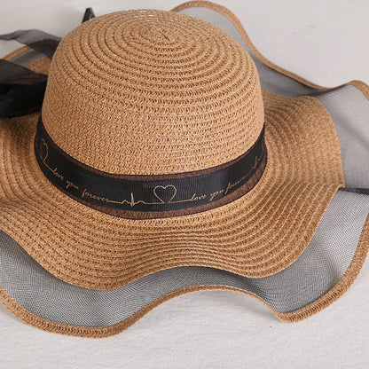 Chapéu de sol feminino dobrável de aba larga com laço, chapéu de palha elegante para proteção solar, moda praia 2021 gorras
