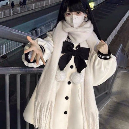 Japanese Sweet Bow Sailor Collar Black Tweed Coat Fashion All-match Jk Jackets for Women 2025 Autumn New Long Sleeve Tops Mujer