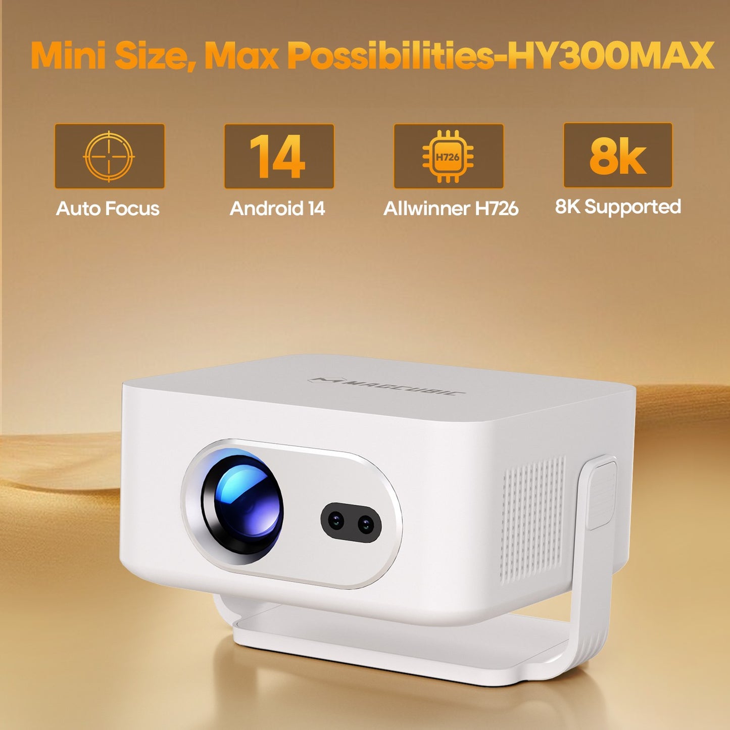 Magcubic Auto Focus Android 14 4K Projector 400ANSI 8K Native 720P HY300 Max With Wifi6 BT5.4 Allwinner H726 Portable Outdoor