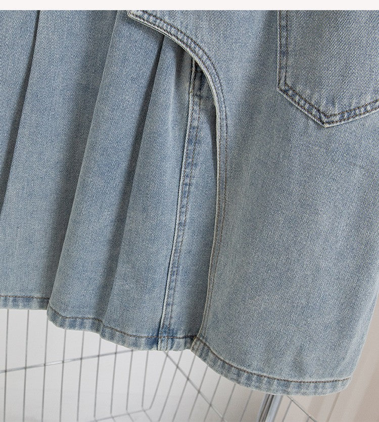 Plus Size Denim A Line Skirt With Lining 2024 Summer New Korean Fashion Pleated Midi Jean Skirt Woman Blue Color Jeans Skirts