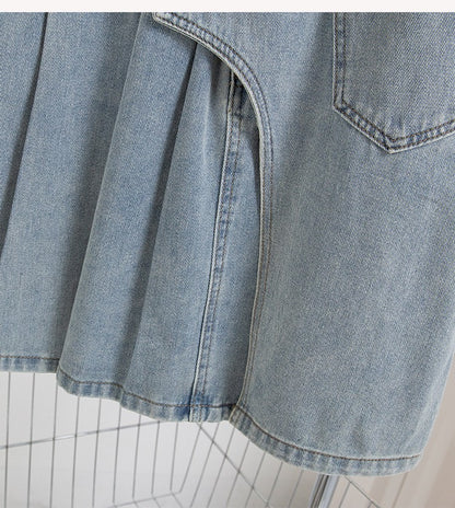 Plus Size Denim A Line Skirt With Lining 2024 Summer New Korean Fashion Pleated Midi Jean Skirt Woman Blue Color Jeans Skirts
