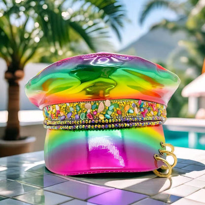 HongLuan Luxury Laser Leather Loop Captain Hat Rhinestone & Military Caps for Woman, Rave Festivals Accessories ? Party Cap Man